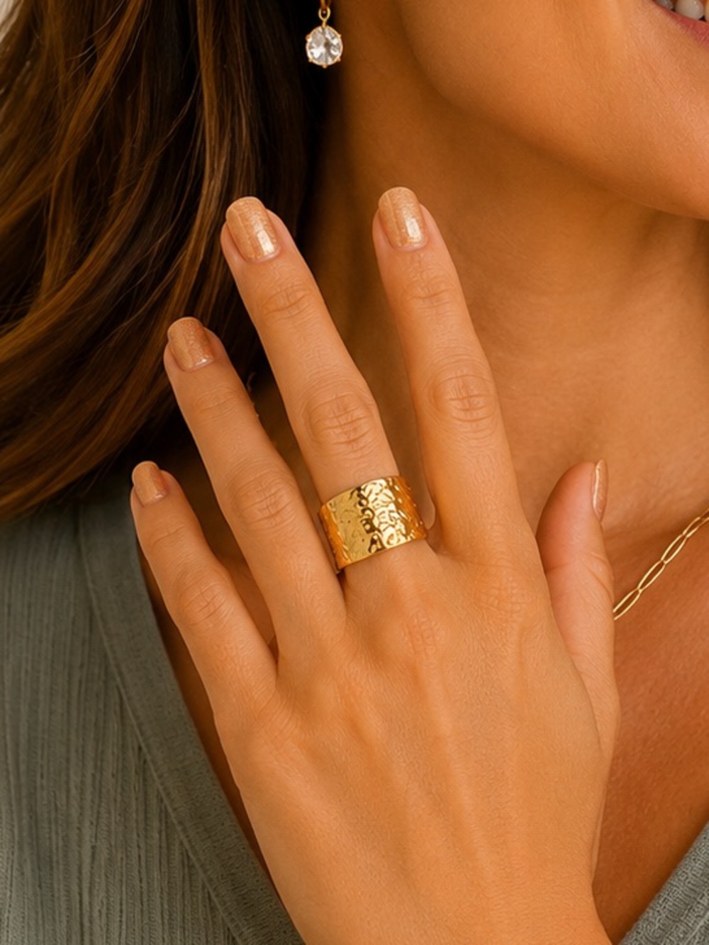 Gold Tone Hammered Wide Band Statement Ring Adjustable Boho Chic